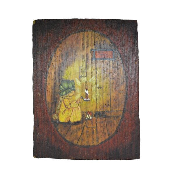 Vintage 70s Hand Painted Wood Wall Art Signed 1976 Little Girl with Candle 15.5" - Picture 1 of 6